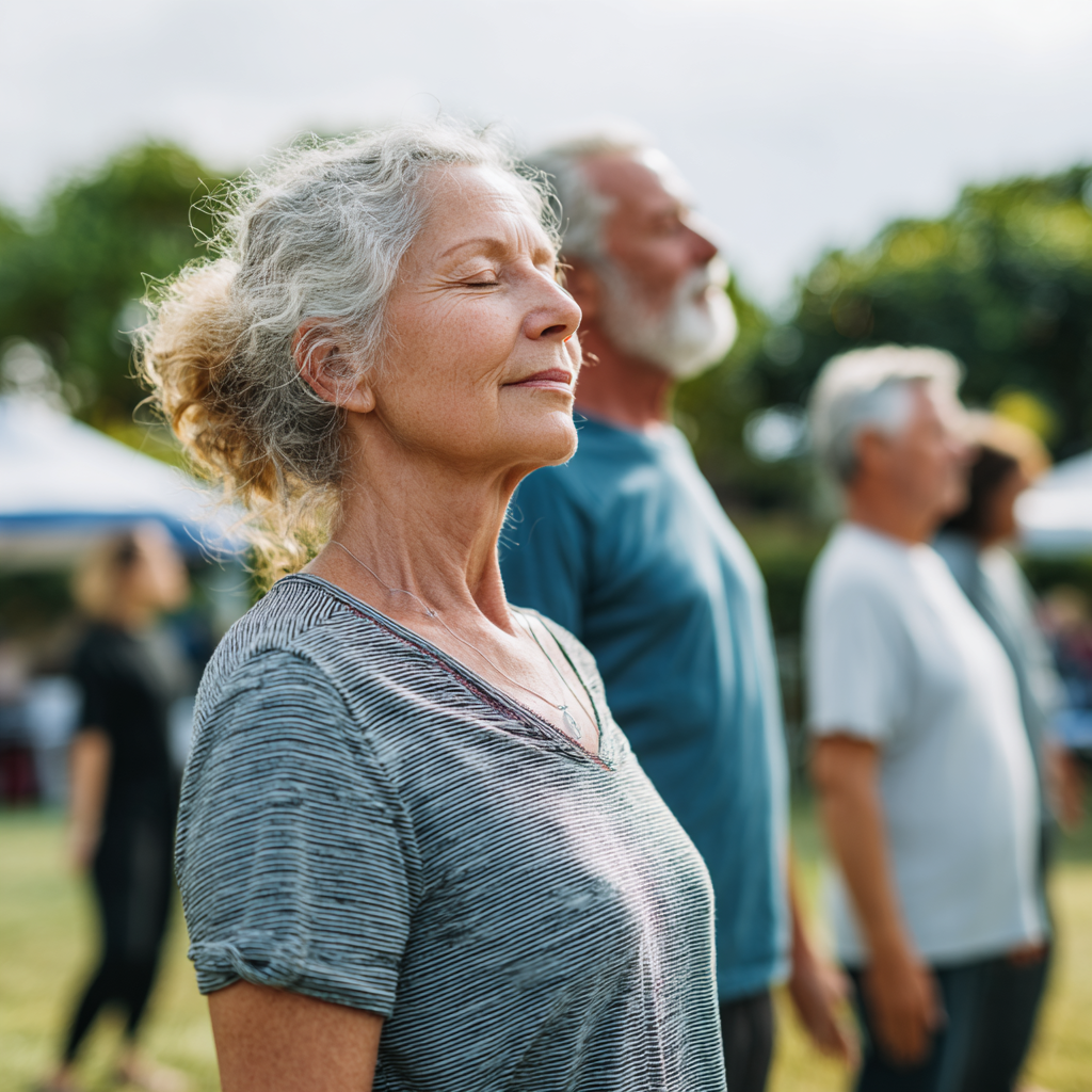 Older adults engaged in mindful movement practice outdoors